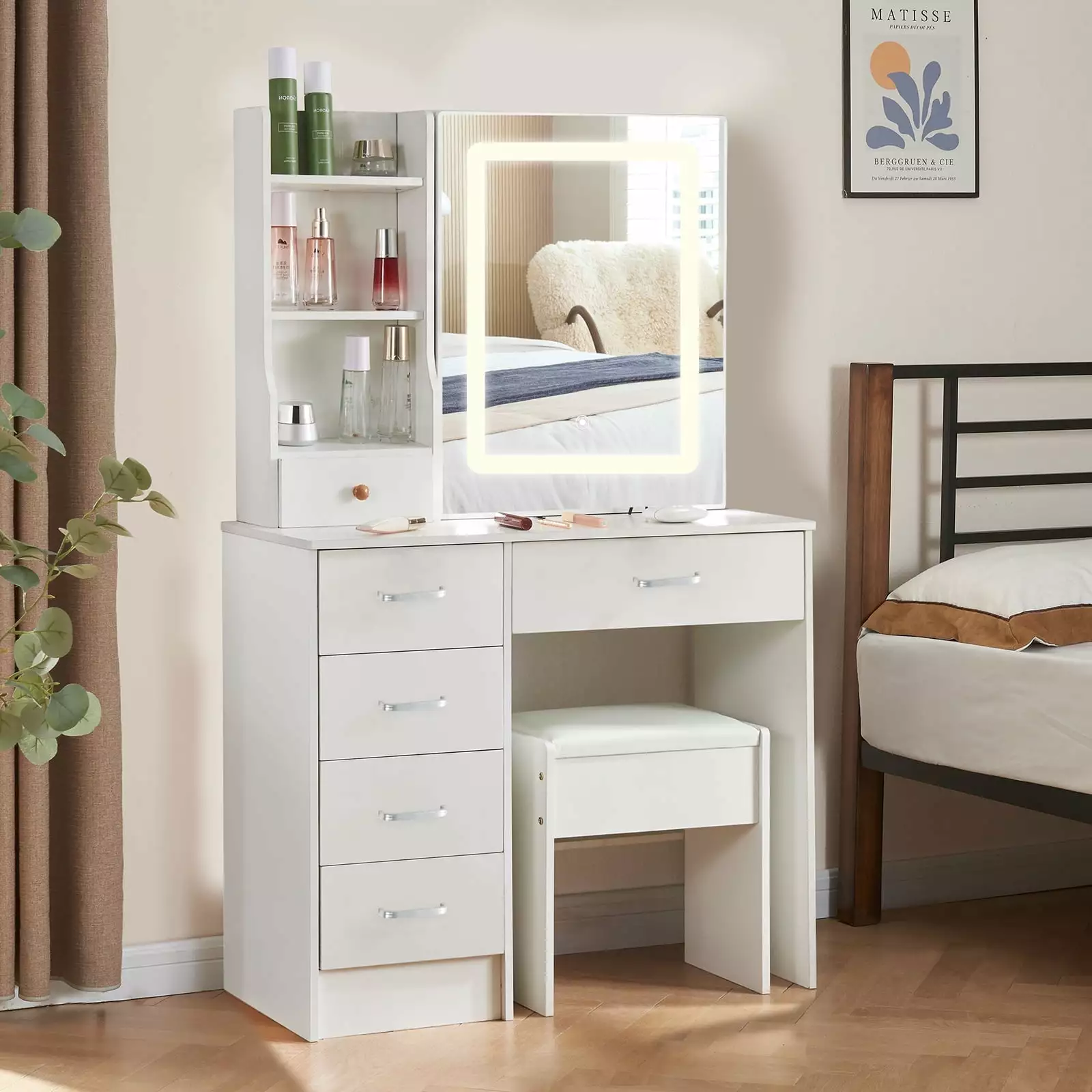 Yamissi Vanity Table Set Lighted Sliding Mirror and Stool White Makeup Desk Drawers