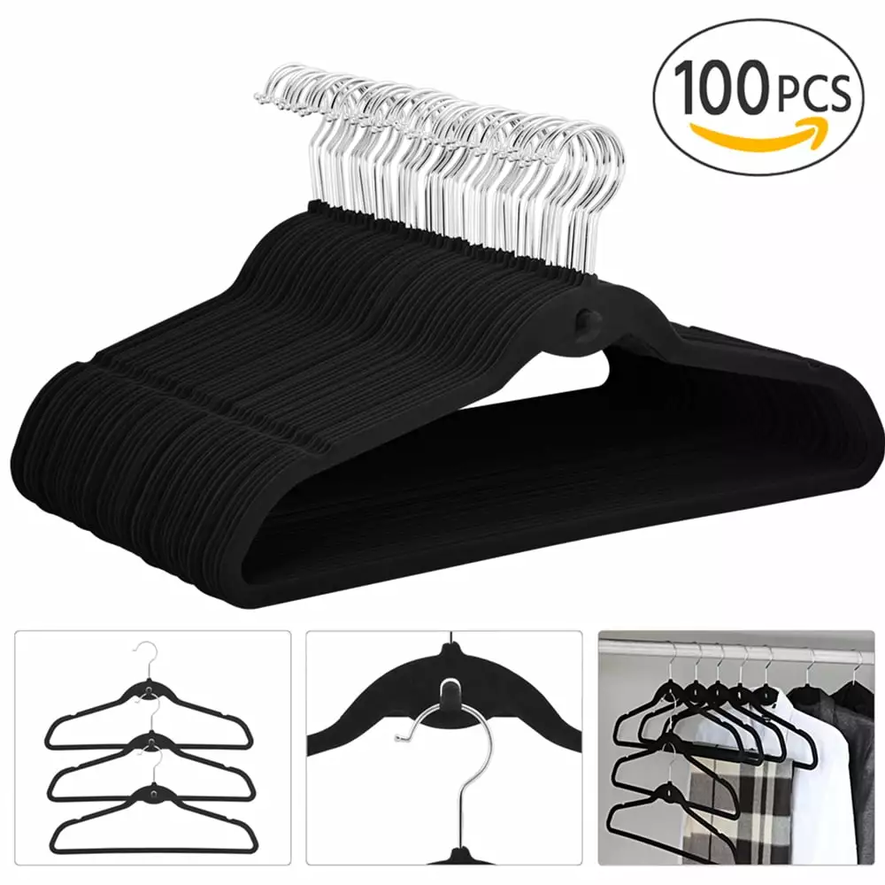 Renwick 100 Pack Black Non Slip Velvet Clothing Hangers Closet