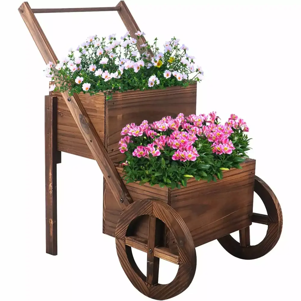 BIGTREE 2 Tier Wooden Wagon Vertical Planter Cart Display Brown Garden and Patio