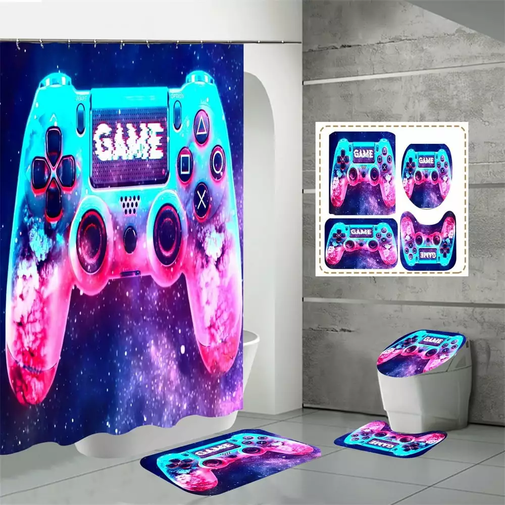 Fun Game Bathroom Set Shower Curtain and Rugs Computer Gamer Decor 4 Pcs Lopsie