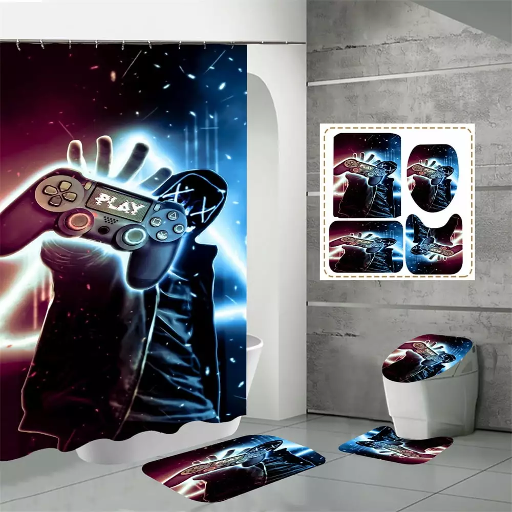 Boys Teal Gaming Shower Curtain Neon Video Game Controller Bathroom Decor Gamer Player Colorful Graffiti MissBook