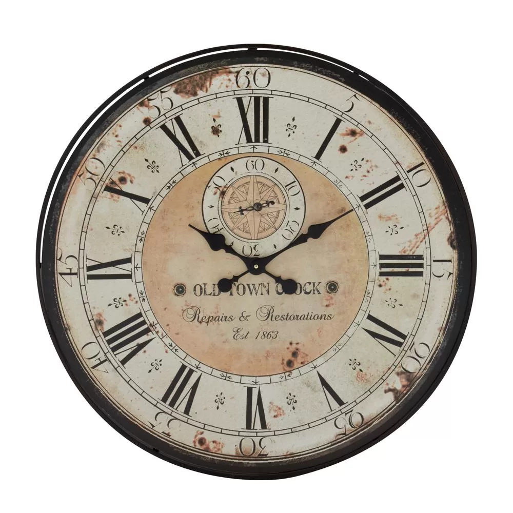 LITTON LANE 32 Inch Round Rustic Black Iron and Wood Antique Roman Numeral Wall Clock