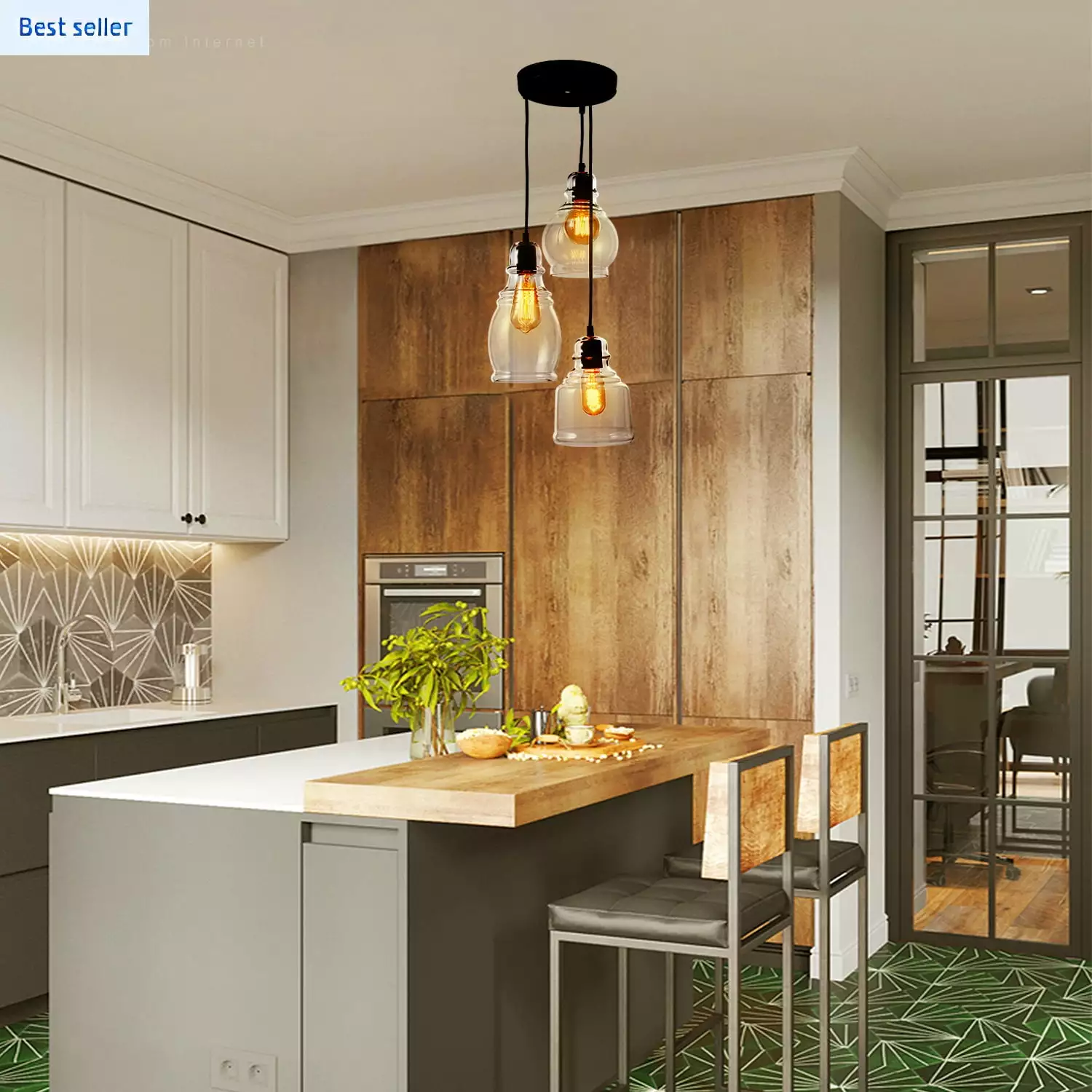 3-Light Vintage Clear Glass Pendant Ceiling Light E26 Base Dining Room Kitchen Living Room TorchStar