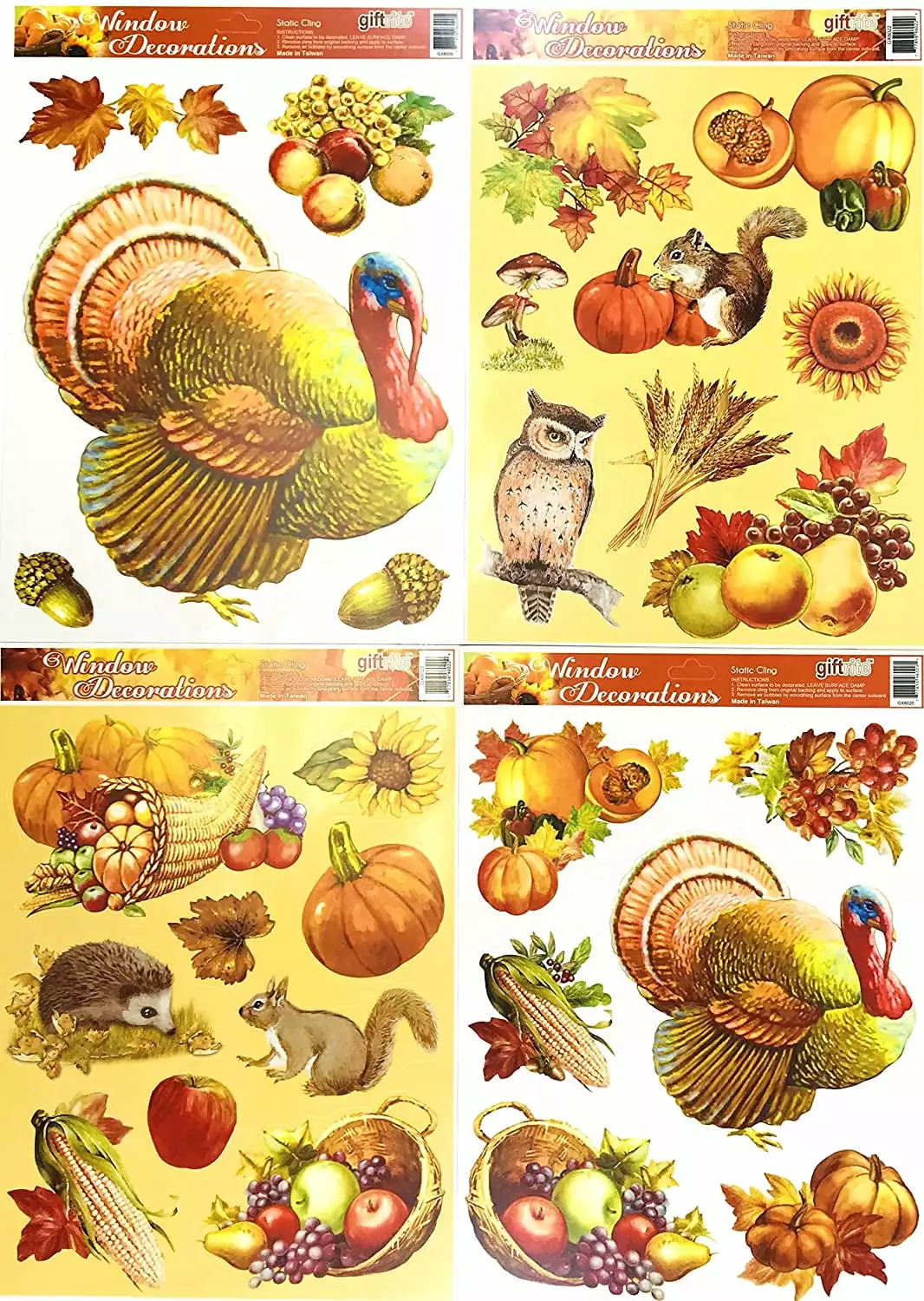 Serafina Home Fall Harvest Vinyl Window Clings Turkeys Owls Squirrels Sunflowers Pumpkins 4 Sheets Seasonal Decor