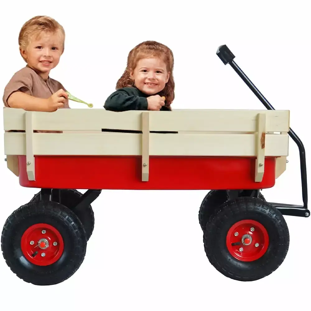 iRerts All Terrain Wagon Kids Adults Removable Wood Sides 10 Pneumatic Tires Extra-long Handle 176 lbs Capacity Steel Util...