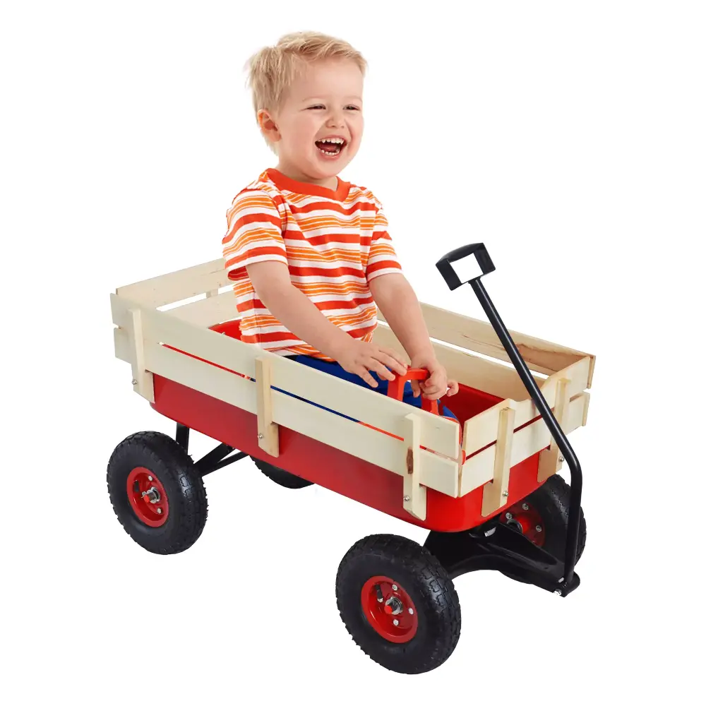 Outdoor Wagon All Terrain Utility Kids Wagon Carts Wood Railing Air Tires Foldable Handle Red