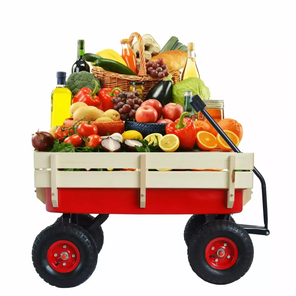 Wooden Red Outdoor Sports Wagon Cart Long-lasting Air Tires Sports Enthusiasts