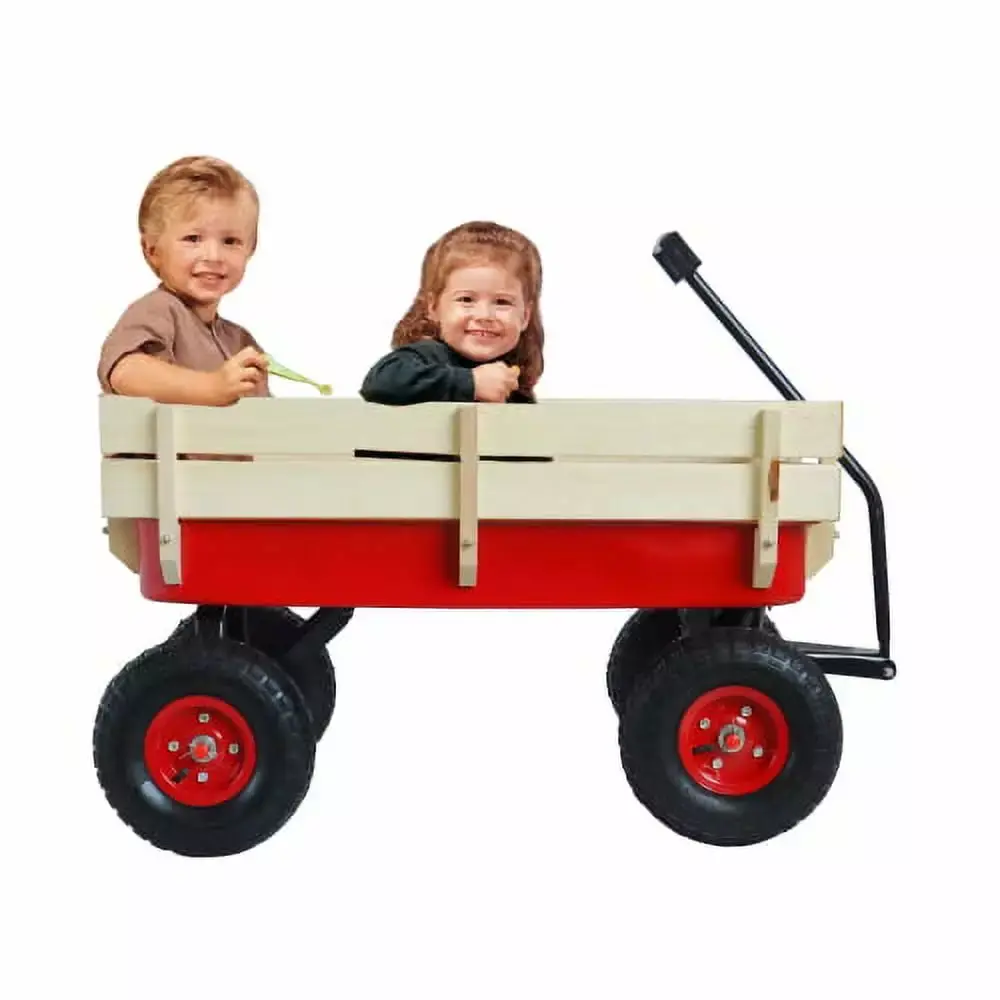 All Terrain Outdoor Wagon Wood Railing and Air Tires Kids and Garden Red