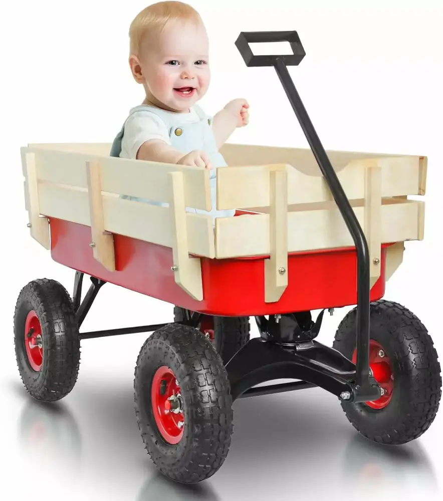 All Terrain Wagons Kids Removable Wooden Side Panels Heavy Duty Steel Wagon Bed Red