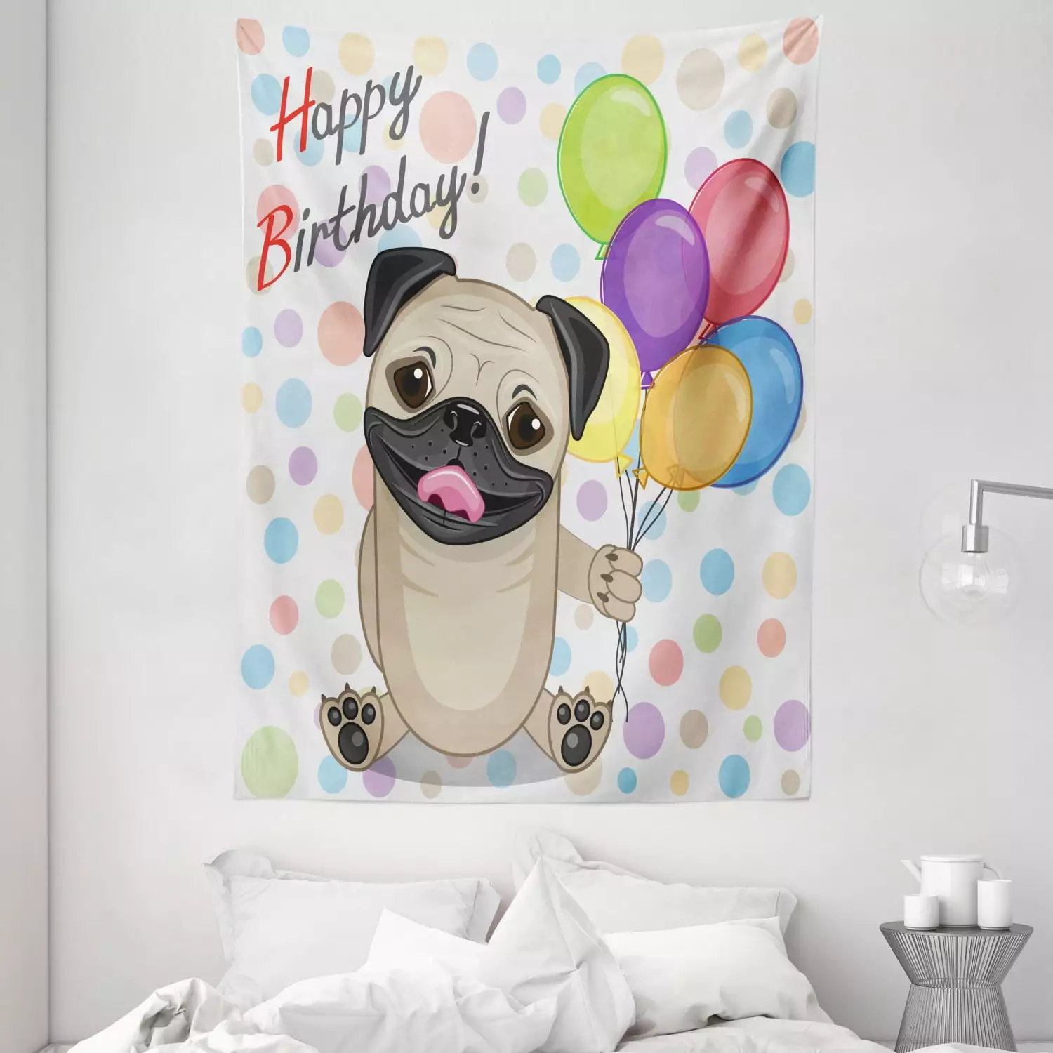 Birthday Decorations Kids Tapestry Cute Dog Pug Balloons 60x80 Inches Ambesonne