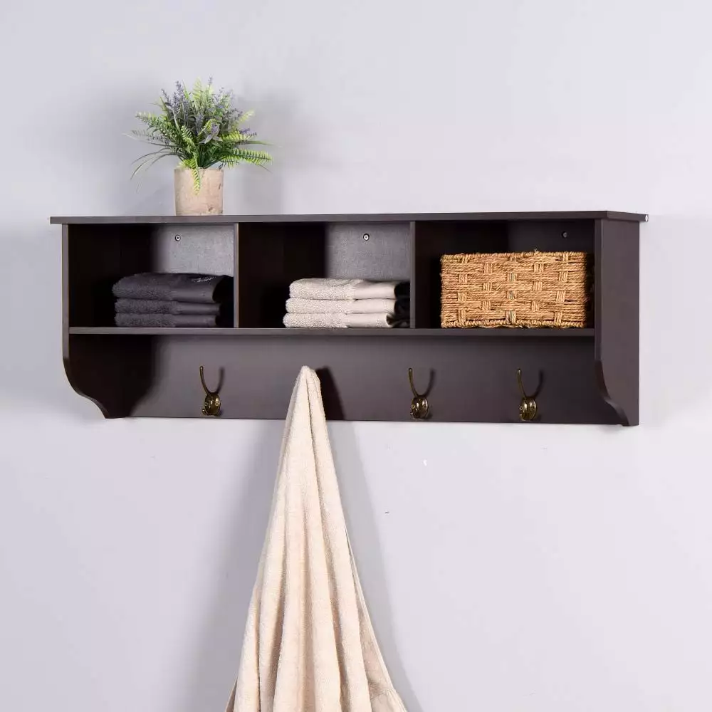Abrihome Espresso Entryway Wall Mounted Coat Rack 4 Dual Hooks Living Room Wooden Storage Shelf