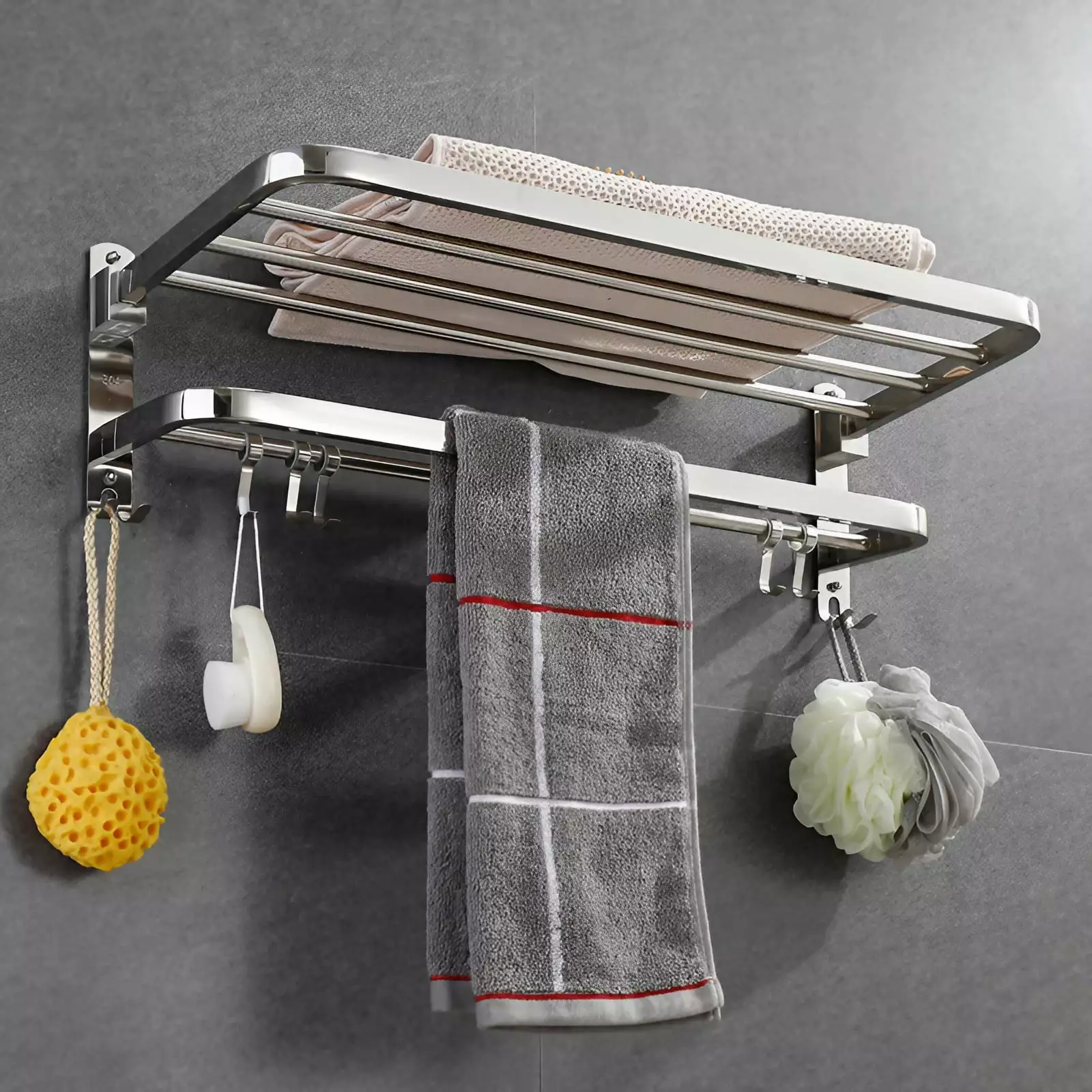 Kalageen 24-Inch Wall Mounted Foldable Towel Shelf 5 Hooks Bathroom