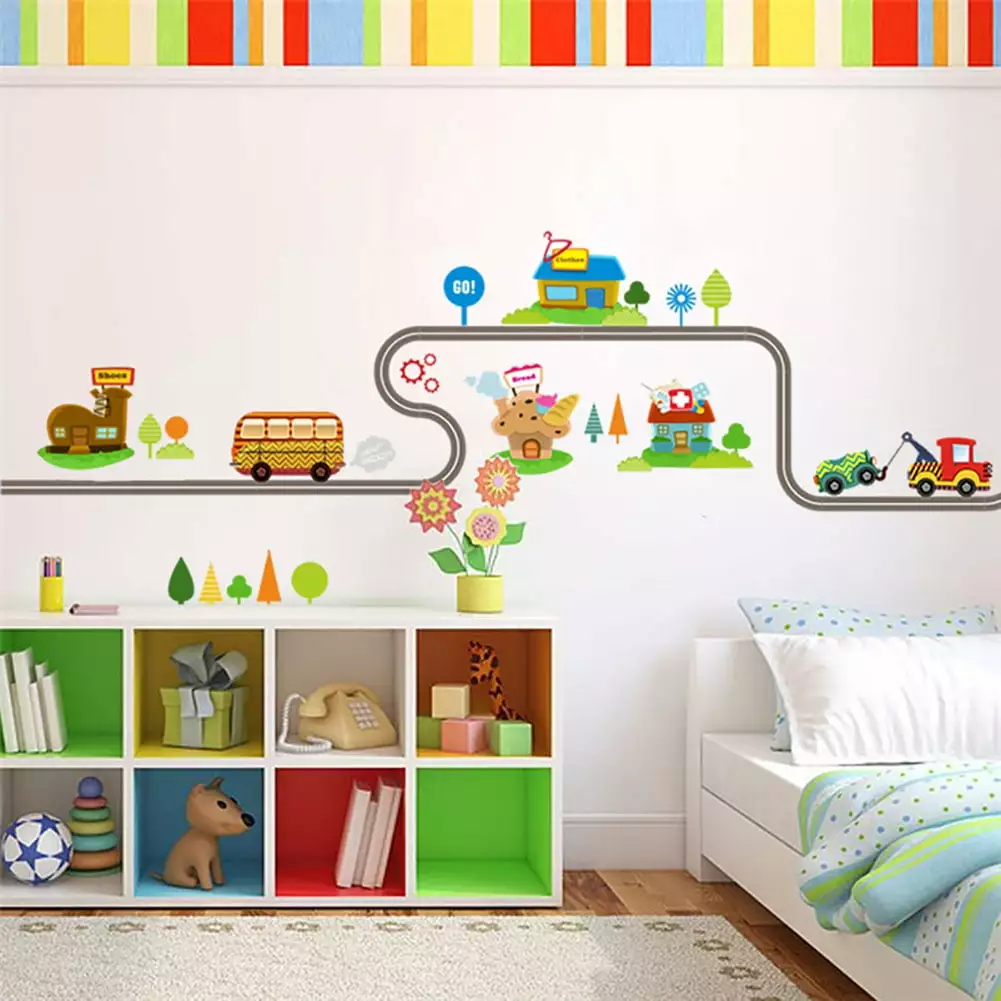 Construction Transportation Wall Decals Car Truck Tractor Road Stickers Kids Boys Room Zeonetak
