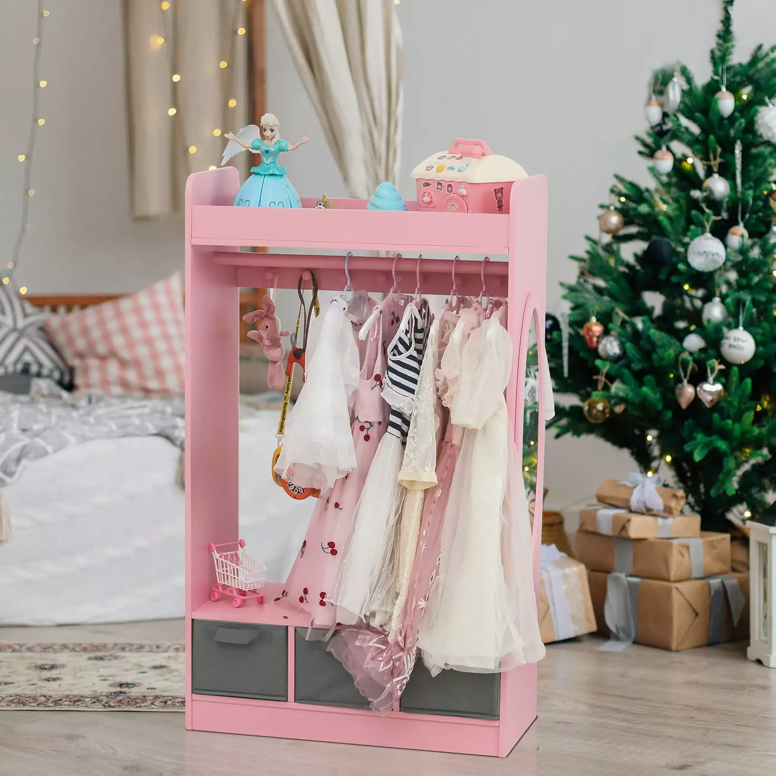 GoDecor Kids Dress up Storage Hanging Armoire Dresser Costume Closet Mirror & Toy Bins 3 Drawers Wooden Garment Rack Pink ...