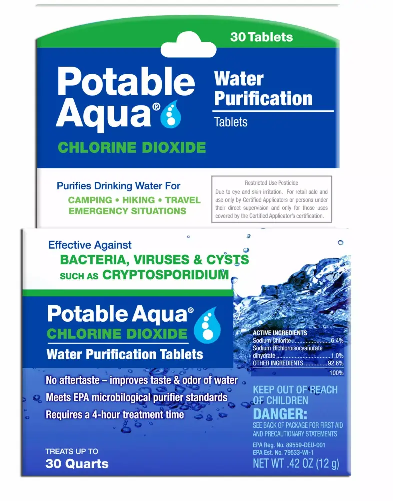 Potable Aqua Chlorine Dioxide Water Purification Tablets 30 Count Emergency Water Treatment Potable Aqua Water Tablets