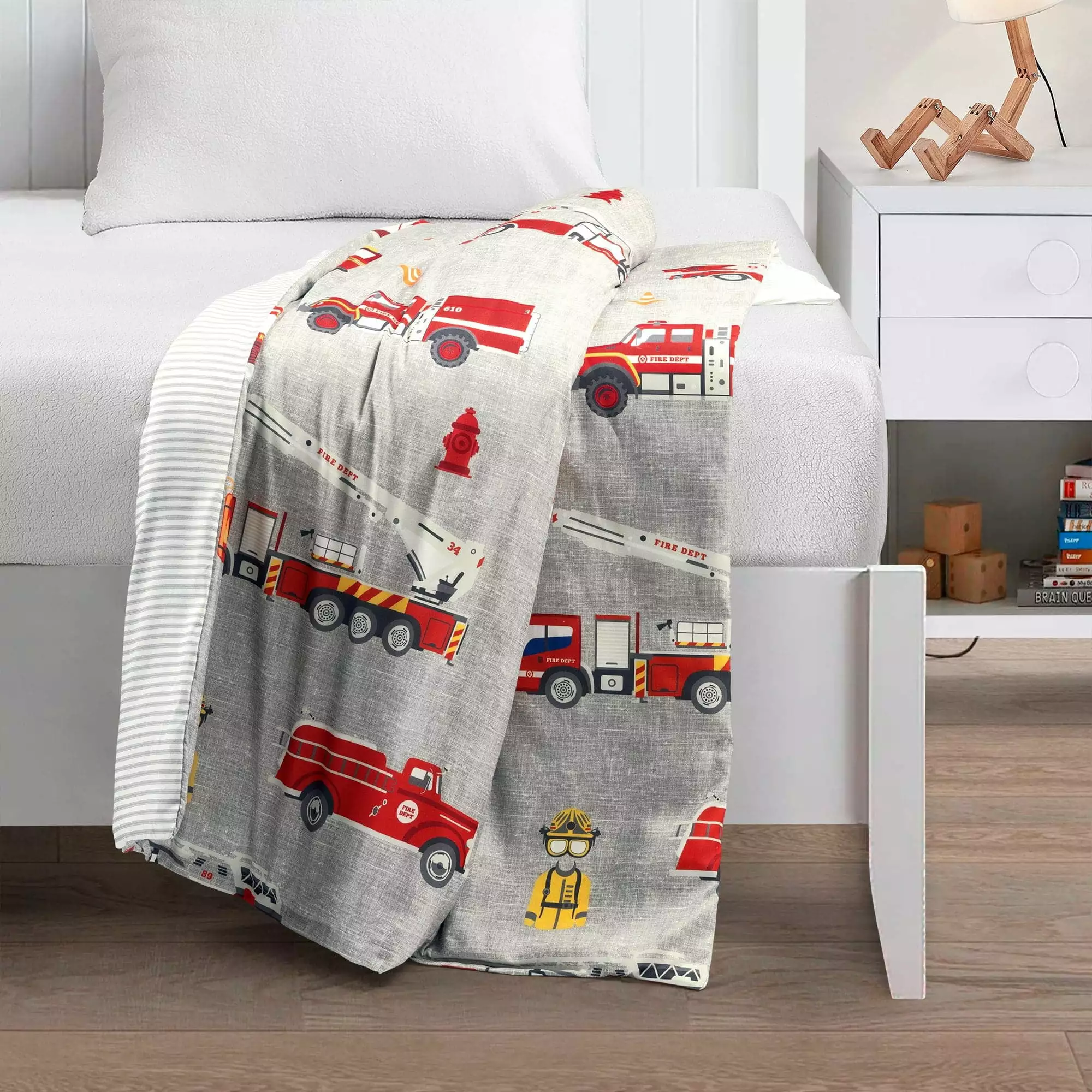 Lush Decor Fire Truck Weighted Blanket Kids 7 Pound Gray and Red Reversible 60x40 Inches