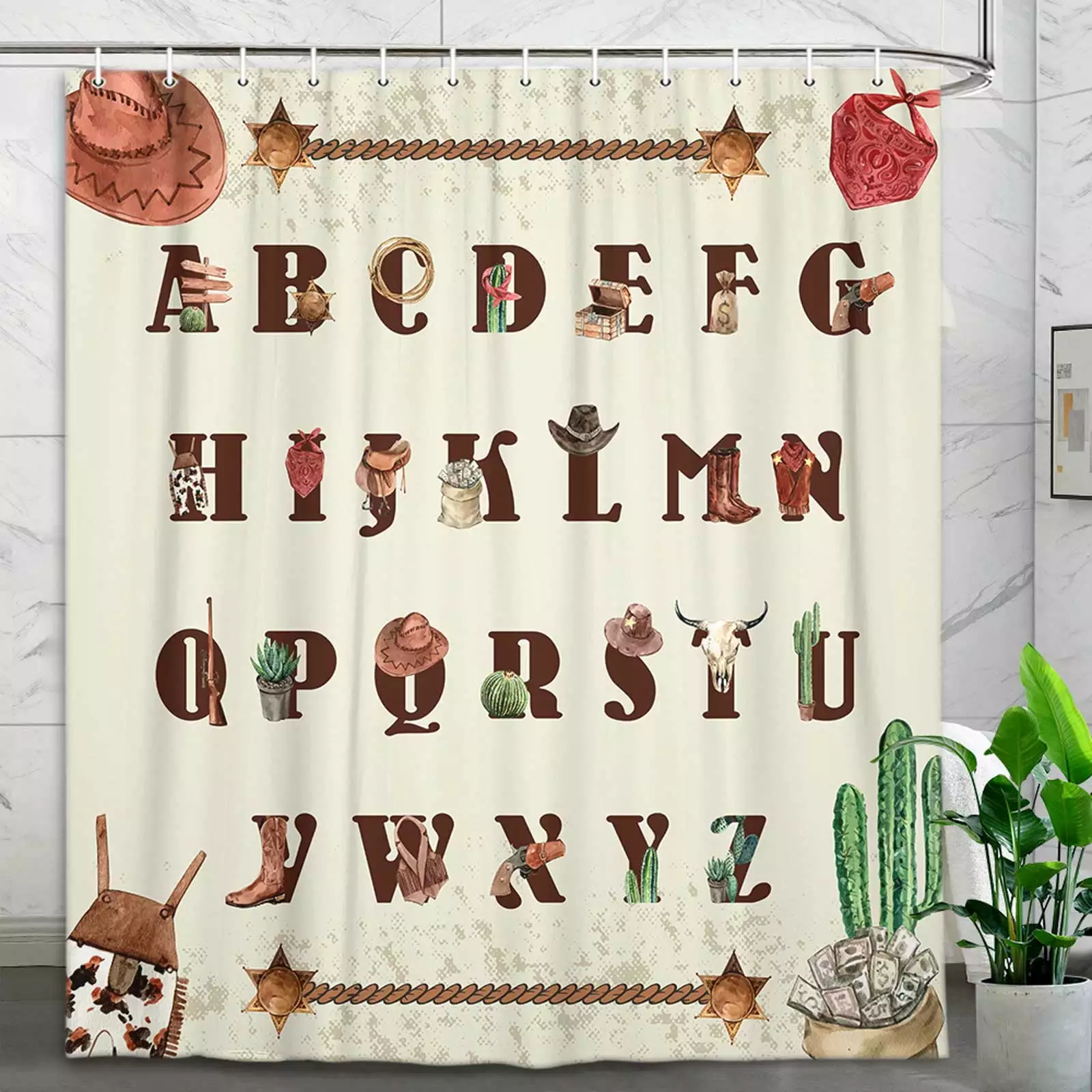 Western Cowboy Shower Curtain English Letters Cartoon Cactus Farmhoutilize Country Fabric Bathroom Decor 72X72Inch Uokiuki