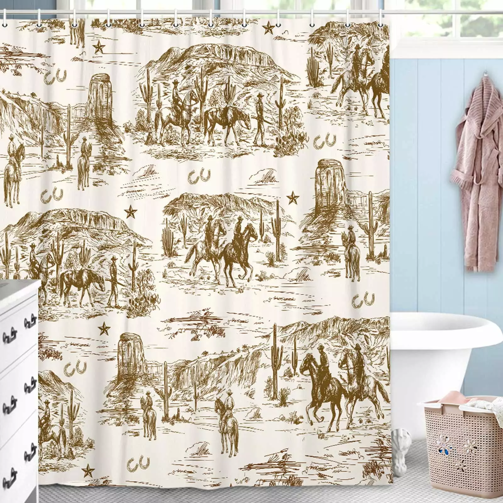 Western Cowboy Shower Curtain - Farmhouse Fabric Bathroom Decor Desert Country Style 72x72in Uokiuki