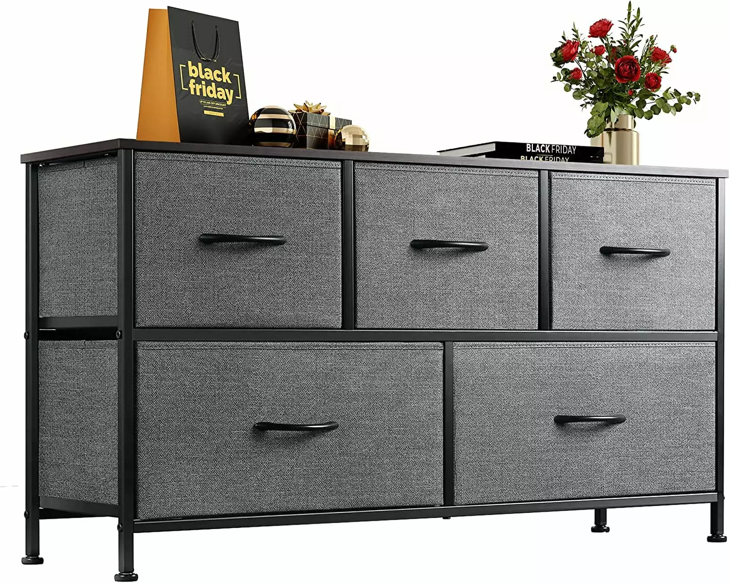 5-Drawer Dresser Wide Chest Drawers Fabric Storage Unit Closet Living Room Hallway Nursery Dark Grey Brightshow