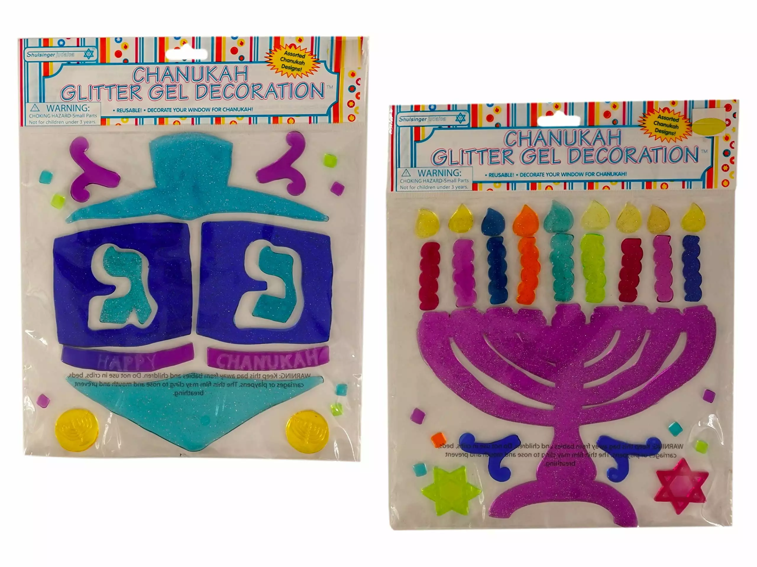 Hanukkah Glitter Gel Window Clings Purple Menorah Blue Dreidel Chanukah Decorations Treasure Co Trio