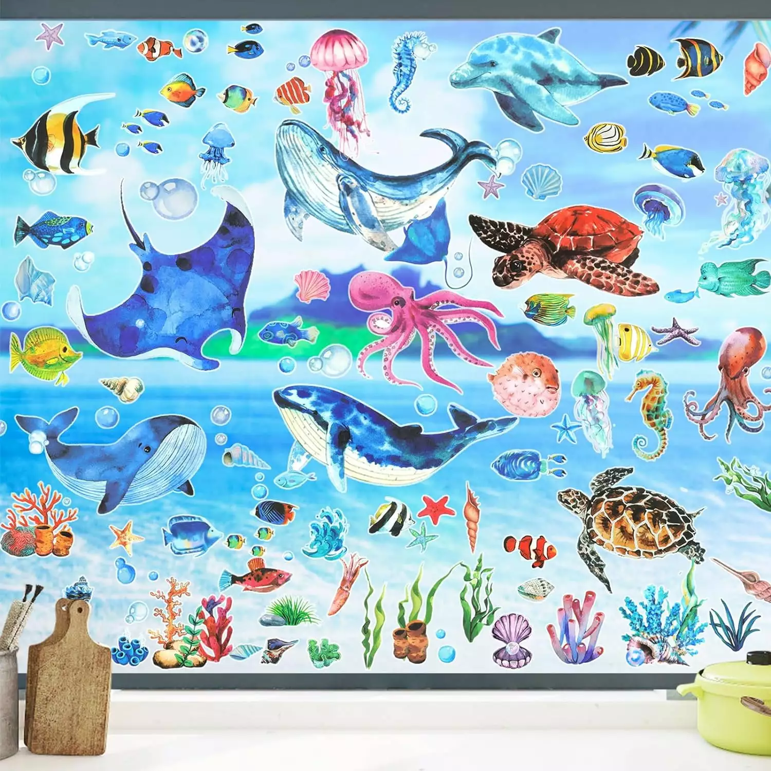 8 Sheets Summer Window Clings Ocean Themed Watercolor Marine Animals Double-Sided Window Decals Home Under Sea Party Decor...
