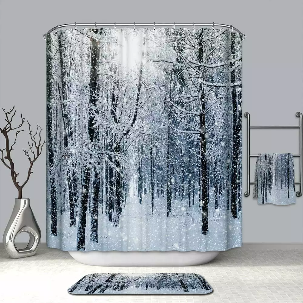 Winter Forest Shower Curtain Blue Snow Tree Snowflake Christmas Nature Scenery Outdoor Fabric Bathroom Decor 70Wx70H Specool