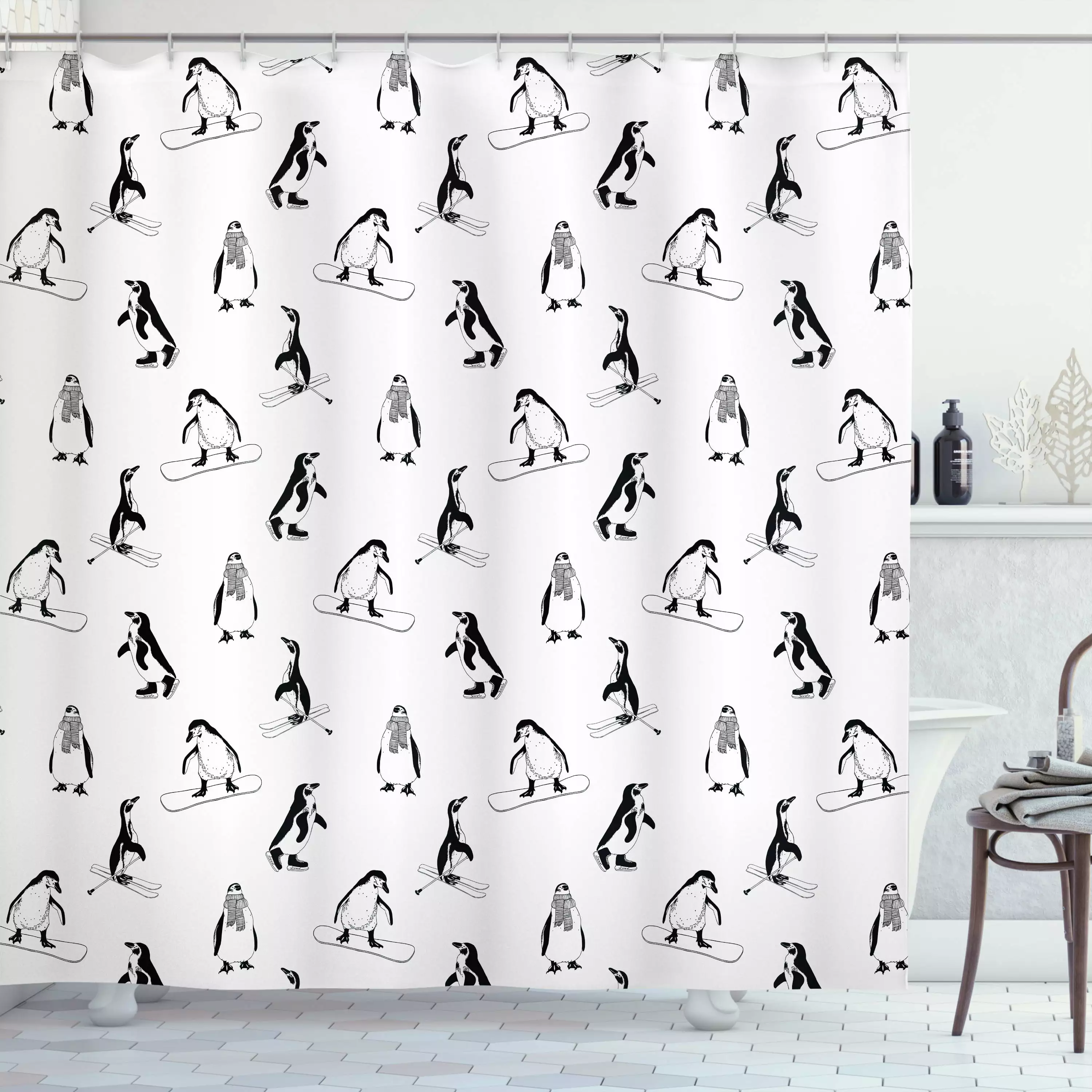 Ambesonne Penguin Shower Curtain Skiing Penguins Scarves White Black 69x70 Inches