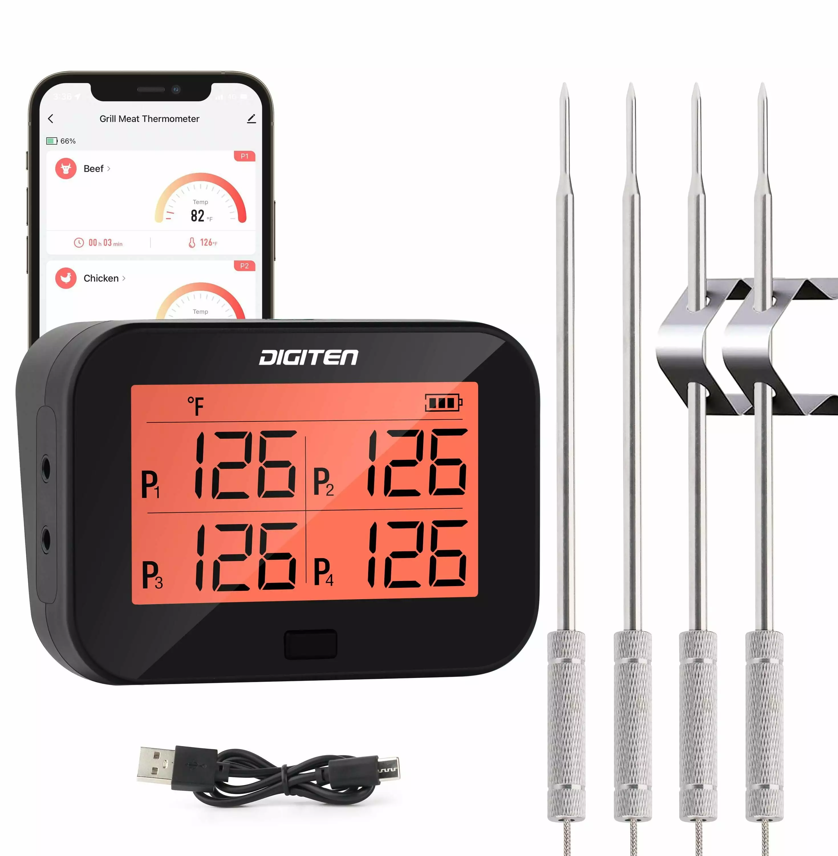 DIGITEN Bluetooth Grilling Thermometer Wireless Meat Thermometer 4 Probes BBQ Smoker