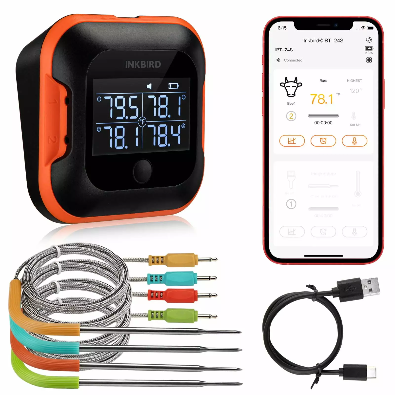 INKBIRD BBQ Bluetooth Meat Thermometer 4 Probes Large Backlit LCD Digital Grill Thermometer
