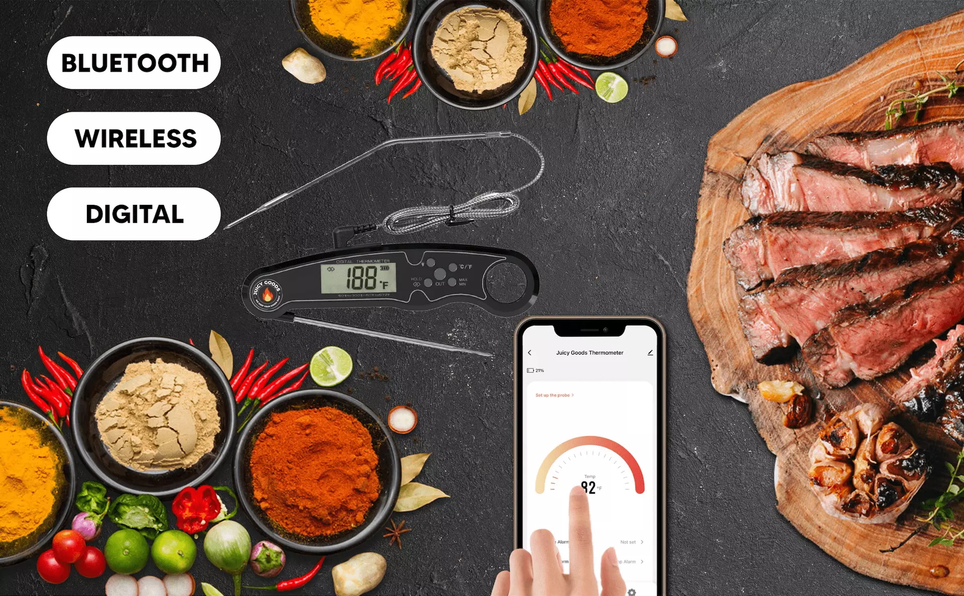 Juicy Goods Bluetooth Digital Grill Meat Thermometer Mobile App Dual Probe BBQ Food Thermometer Juicy Goods .digital meat ...