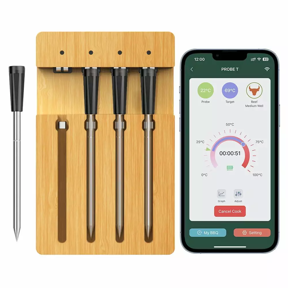 Dadypet BBQ Thermometer Oven APP 4 Probes Bluetooth Intelligent Meat Thermometer 98FT Wireless Waterproof