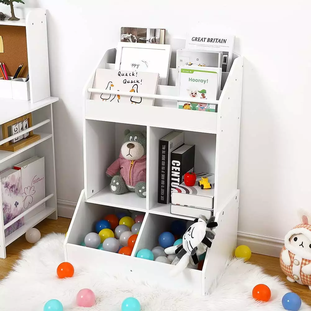 DSstyles Kids Bookshelf and Toy Storage Wood Book Shelf Arranger Toddler Playroom Storage White